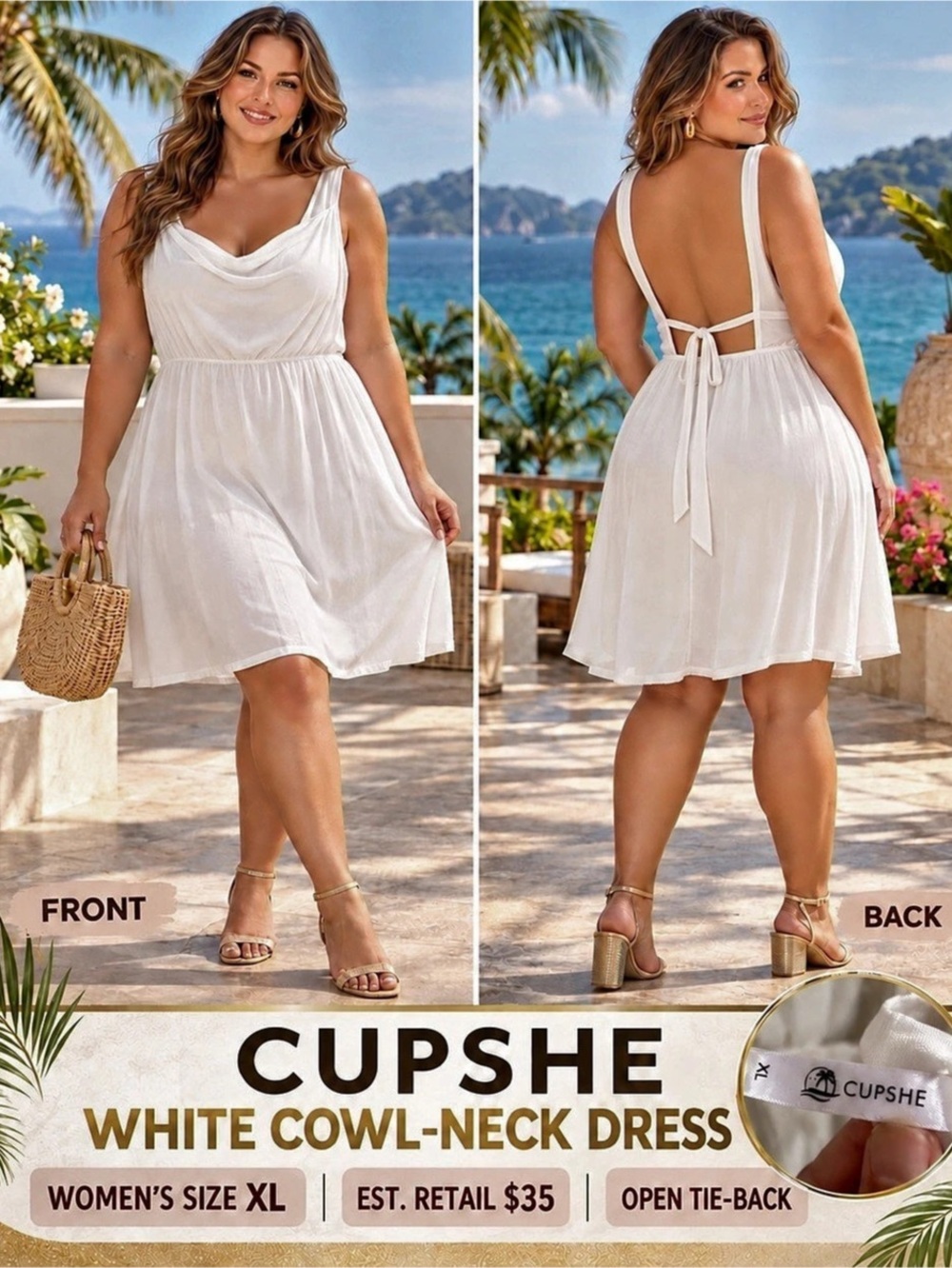 CUPSHE White Cowl-Neck Dress Mini Dress White Size XL